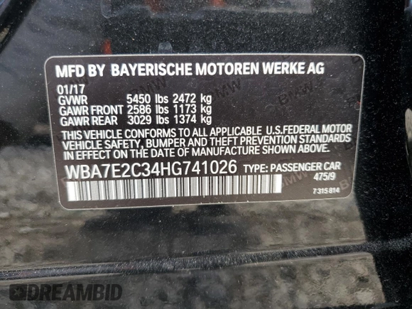 2017 BMW 7 Series 740i with VIN WBA7E2C34HG741026, listed as a Copart auction lot 52792995 with 91,462 mi miles and Salvage Title. Bid and sale history available at carsss.com. Image 13.