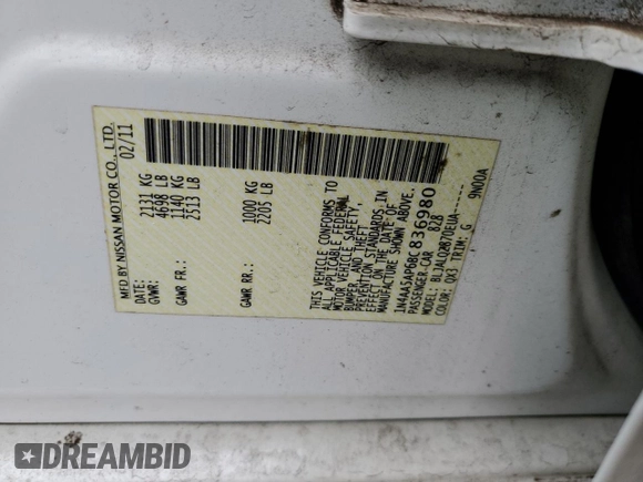 2011 Nissan Maxima SV with VIN 1N4AA5AP6BC836980, listed as a Copart auction lot 52584935 with Not provided miles and Non repairable. Bid and sale history available at DreamBid. Image 14.