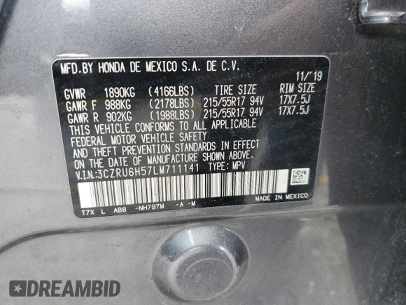 2020 Honda HR-V EX with VIN 3CZRU6H57LM711141, listed as a Copart auction lot 49109605 with 0 mi miles and Salvage Title. Bid and sale history available at carsss.com. Image 12.