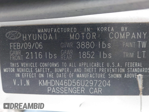 2006 Hyundai Elantra GLS с VIN KMHDN46D56U297204, выставлен на аукционе IAAI как лот 42422838 с пробегом 152 865 миль миль и . История ставок и продаж доступна на DreamBid. Изображение 9.