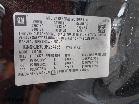 2013 Chevrolet Suburban LT with VIN 1GNSKJE70DR284785, listed as a IAAI auction lot 41838484 with 113,696 mi miles. Bid and sale history available at carsss.com. Image 9.