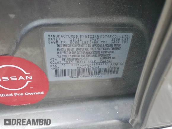 2017 Nissan Sentra SL with VIN 3N1AB7AP8HY237200, listed as a Copart auction lot 80703754 with 45,298 mi miles and Salvage title. Bid and sale history available at DreamBid. Image 14.