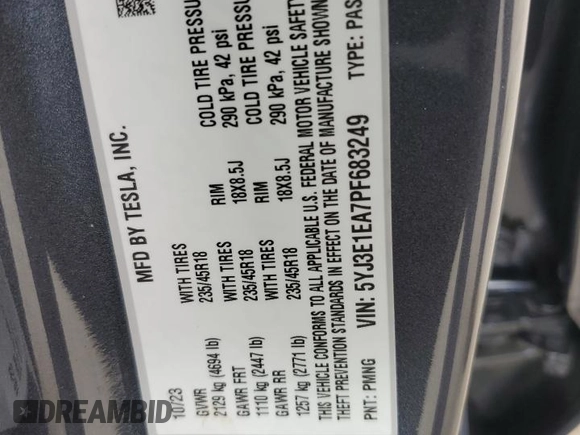 2023 Tesla Model 3 z VIN 5YJ3E1EA7PF683249, wystawiony jako Copart lot #56234465 z przebiegiem 9 494 mil mil oraz Szkoda całkowita • Salvage title. Historia ofert i sprzedaży dostępna na DreamBid. Obrazek 12.