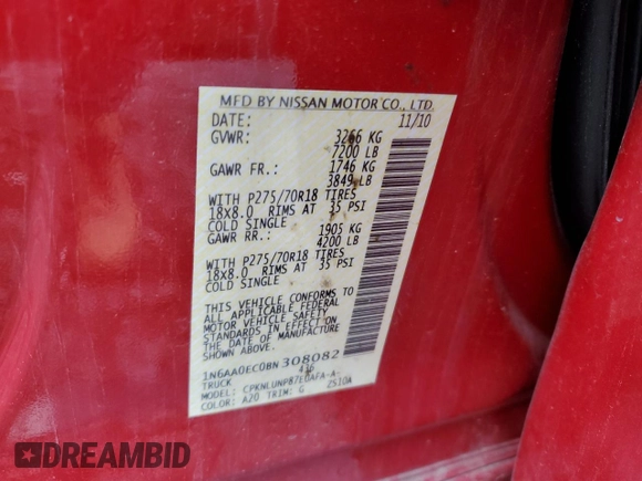 2011 Nissan Titan SL with VIN 1N6AA0EC0BN308082, listed as a Copart auction lot 50452785 with 138,534 mi miles and Clean Title. Bid and sale history available at carsss.com. Image 12.