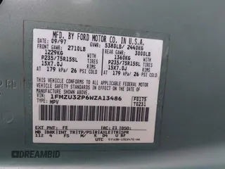 1998 Ford Explorer XLT с VIN 1FMZU32P6WZA13486, выставлен на аукционе IAAI как лот 41754119 с пробегом 345 693 миль миль и . История ставок и продаж доступна на DreamBid. Изображение 9.
