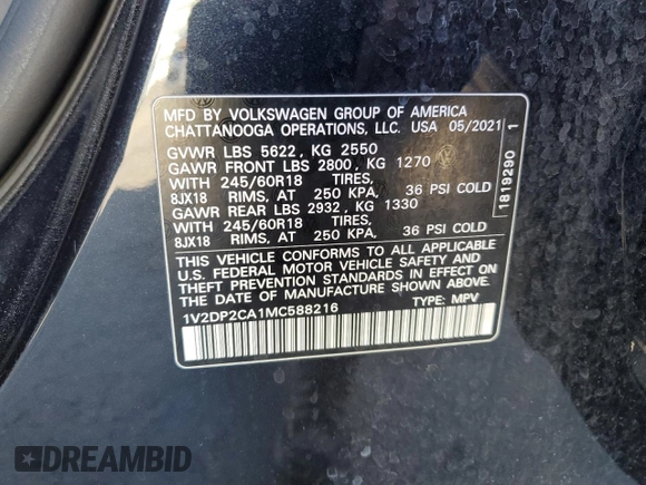 2021 Volkswagen Atlas SE с VIN 1V2DP2CA1MC588216, выставлен на аукционе Copart как лот 81936754 с пробегом 64 894 миль миль и Списание • Salvage title. История ставок и продаж доступна на DreamBid. Изображение 14.