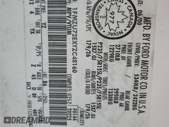 2000 Ford Explorer XLS z VIN 1FMZU72EXYZC48160, wystawiony jako Copart lot #50970935 z przebiegiem 171 432 mil mil oraz Szkoda całkowita • Salvage title. Historia ofert i sprzedaży dostępna na DreamBid. Obrazek 14.