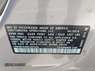 2014 Volkswagen Passat SEL Premium z VIN 1VWCN7A30EC097025, wystawiony jako IAAI lot #42466540 z przebiegiem 149 307 mil mil oraz . Historia ofert i sprzedaży dostępna na DreamBid. Obrazek 9.