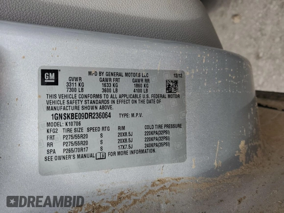 2013 Chevrolet Tahoe LT z VIN 1GNSKBE09DR236064, wystawiony jako Copart lot #47966825 z przebiegiem 172 027 mil mil oraz Szkoda całkowita • Salvage title. Historia ofert i sprzedaży dostępna na DreamBid. Obrazek 14.
