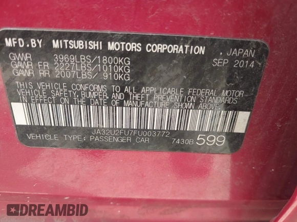 2015 Mitsubishi Lancer ES with VIN JA32U2FU7FU003772, listed as a IAAI auction lot 42127352 with 130,281 mi miles. Bid and sale history available at carsss.com. Image 9.