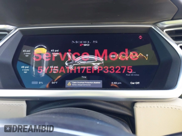 2014 Tesla Model S 60 with VIN 5YJSA1H17EFP33275, listed as a IAAI auction lot 41778167 with 202,749 mi miles and . Bid and sale history available at DreamBid. Image 7.