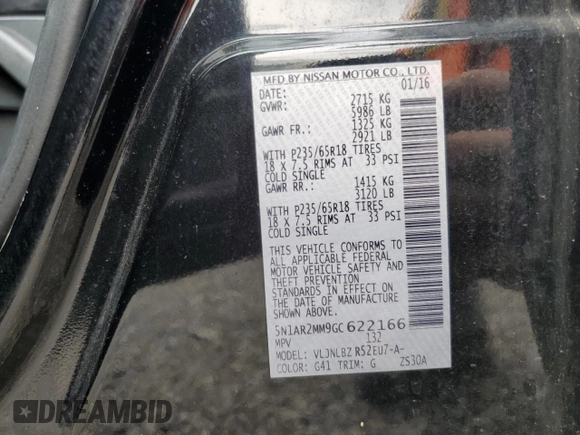 2016 Nissan Pathfinder S with VIN 5N1AR2MM9GC622166, listed as a Copart auction lot 56943115 with 140,656 mi miles and Salvage title. Bid and sale history available at DreamBid. Image 13.