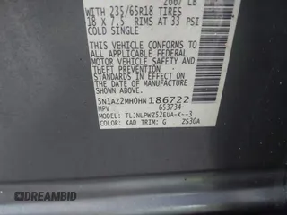 2017 Nissan Murano SL with VIN 5N1AZ2MH0HN186722, listed as a IAAI auction lot 41857991 with 52,845 mi miles and . Bid and sale history available at DreamBid. Image 9.