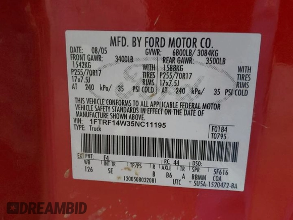 2005 Ford F-150 XL with VIN 1FTRF14W35NC11195, listed as a Copart auction lot 49278615 with 0 mi miles and Salvage Title. Bid and sale history available at carsss.com. Image 12.