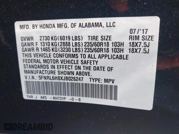 2018 Honda Odyssey Touring with VIN 5FNRL6H8XJB026247, listed as a IAAI auction lot 42298961 with 66,571 mi miles and . Bid and sale history available at DreamBid. Image 9.