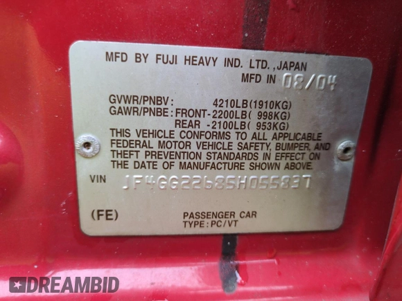 2005 Saab 9-2X Aero z VIN JF4GG22685H055837, wystawiony jako Copart lot #74043794 z przebiegiem 122 847 mil mil oraz Szkoda całkowita • Salvage title. Historia ofert i sprzedaży dostępna na DreamBid. Obrazek 12.
