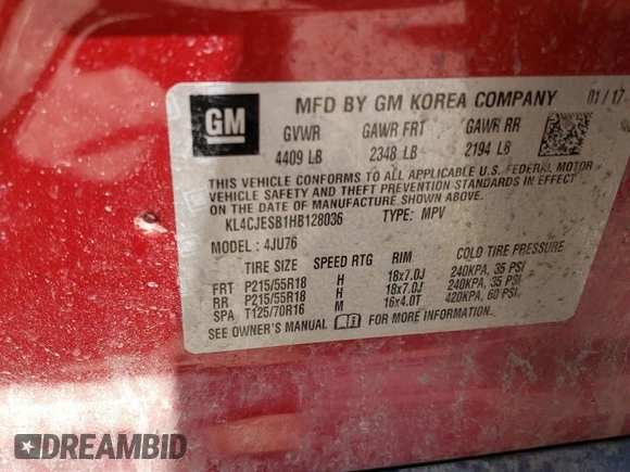 2017 Buick Encore Preferred with VIN KL4CJESB1HB128036, listed as a Copart auction lot 62212985 with Not provided miles and Salvage title. Bid and sale history available at DreamBid. Image 13.