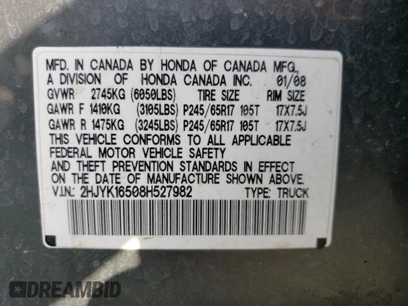2008 Honda Ridgeline RTL with VIN 2HJYK16508H527982, listed as a Copart auction lot 69815444 with 203,765 mi miles and Non Repairable. Bid and sale history available at carsss.com. Image 12.