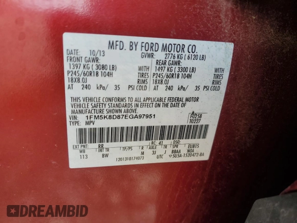 2014 Ford Explorer XLT z VIN 1FM5K8D87EGA97951, wystawiony jako Copart lot #58372625 z przebiegiem 122 462 mil mil oraz Nie do naprawy • Non repairable. Historia ofert i sprzedaży dostępna na DreamBid. Obrazek 13.