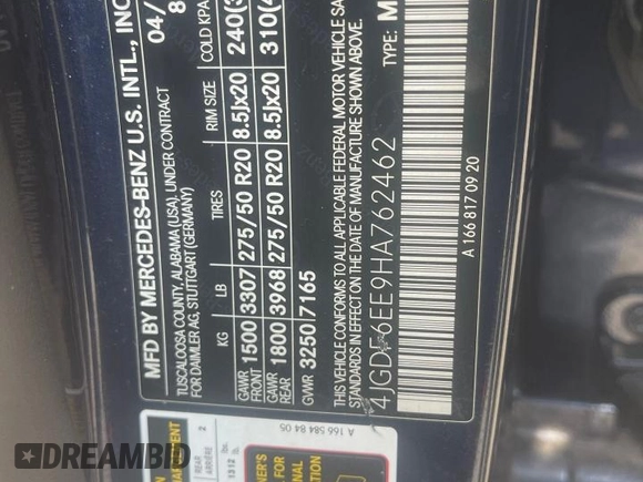 2017 Mercedes-Benz GLS 450 with VIN 4JGDF6EE9HA762462, listed as a Copart auction lot 56055984 with 126,673 mi miles and . Bid and sale history available at DreamBid. Image 10.