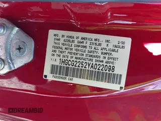 2000 Honda Accord EX z VIN 1HGCG2252YA022098, wystawiony jako IAAI lot #41670769 z przebiegiem 177 101 mil mil oraz . Historia ofert i sprzedaży dostępna na DreamBid. Obrazek 9.