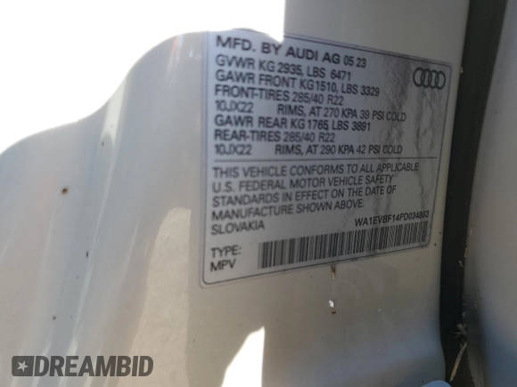 2023 Audi Q8 Premium Plus with VIN WA1EVBF14PD034863, listed as a Copart auction lot 52172605 with Not provided miles and Salvage title. Bid and sale history available at DreamBid. Image 15.