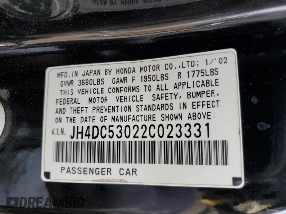 2002 Acura RSX Type S with VIN JH4DC53022C023331, listed as a Copart auction lot 49689175 with 0 mi miles and Salvage Title. Bid and sale history available at carsss.com. Image 14.