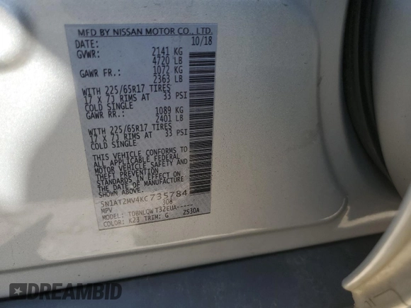 2019 Nissan Rogue SL with VIN 5N1AT2MV4KC735784, listed as a Copart auction lot 52362623 with 0 mi miles. Bid and sale history available at carsss.com. Image 13.