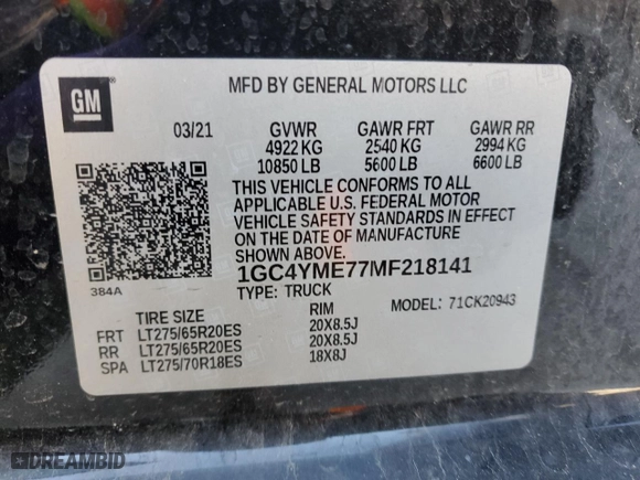 2021 Chevrolet Silverado 2500HD Custom with VIN 1GC4YME77MF218141, listed as a Copart auction lot 42325945 with 45,375 mi miles and Salvage Title. Bid and sale history available at carsss.com. Image 15.