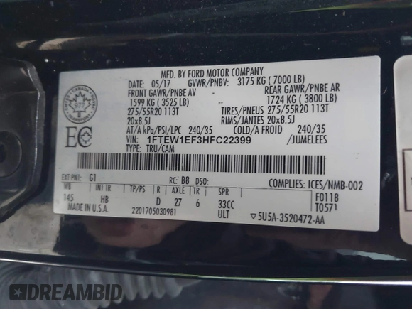 2017 Ford F-150 XL with VIN 1FTEW1EF3HFC22399, listed as a IAAI auction lot 41509258 with 77,948 mi miles. Bid and sale history available at carsss.com. Image 9.