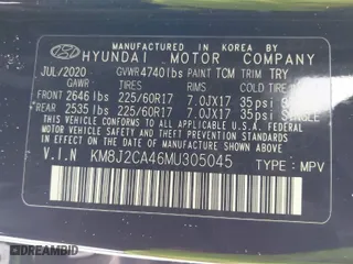 2021 Hyundai Tucson SE with VIN KM8J2CA46MU305045, listed as a IAAI auction lot 41628168 with 47,190 mi miles. Bid and sale history available at carsss.com. Image 9.