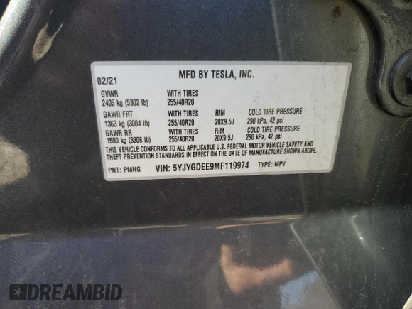 2021 Tesla Model Y Long Range with VIN 5YJYGDEE9MF119974, listed as a Copart auction lot 53794025 with 66,411 mi miles and Salvage Title. Bid and sale history available at DreamBid. Image 13.
