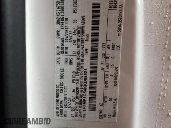 2019 Ford F-150 XL z VIN 1FTMF1C54KKD08521, wystawiony jako Copart lot #83483684 z przebiegiem 119 021 mil mil oraz Szkoda całkowita • Salvage title. Historia ofert i sprzedaży dostępna na DreamBid. Obrazek 13.