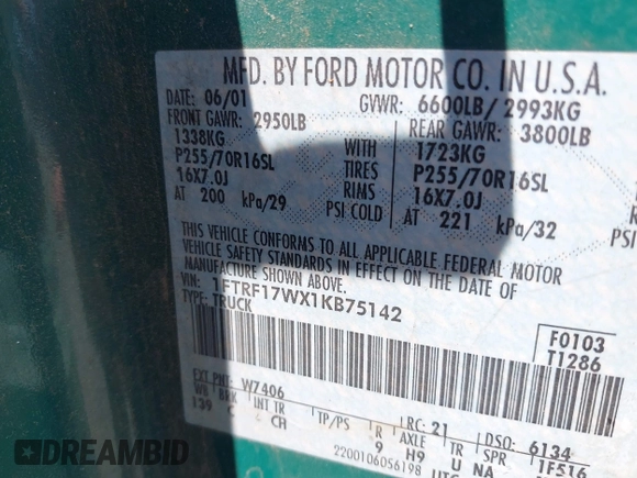 2001 Ford F-150 XL with VIN 1FTRF17WX1KB75142, listed as a IAAI auction lot 42450523 with 326,430 mi miles and . Bid and sale history available at DreamBid. Image 9.