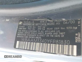 2000 BMW 3 Series 323i with VIN WBAAM3340YFP81830, listed as a IAAI auction lot 42625148 with 162,910 mi miles and . Bid and sale history available at DreamBid. Image 9.
