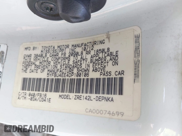 2013 Toyota Corolla L with VIN 5YFBU4EE4DP100106, listed as a IAAI auction lot 42088117 with 292,048 mi miles and . Bid and sale history available at DreamBid. Image 9.