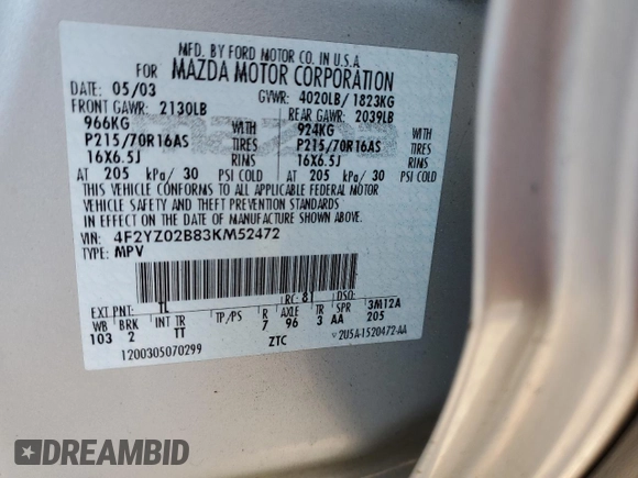 2003 Mazda Tribute DX with VIN 4F2YZ02B83KM52472, listed as a Copart auction lot 68642804 with 179,193 mi miles and Salvage Title. Bid and sale history available at carsss.com. Image 15.