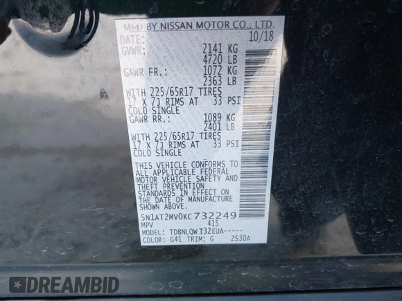 2019 Nissan Rogue SL with VIN 5N1AT2MV0KC732249, listed as a IAAI auction lot 41745004 with 94,187 mi miles. Bid and sale history available at carsss.com. Image 9.