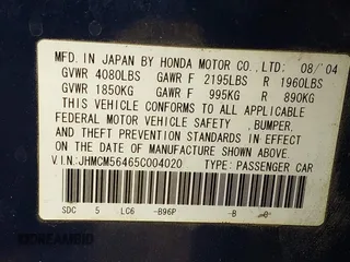 2005 Honda Accord LX z VIN JHMCM56465C004020, wystawiony jako IAAI lot #41852260 z przebiegiem 127 918 mil mil oraz . Historia ofert i sprzedaży dostępna na DreamBid. Obrazek 9.