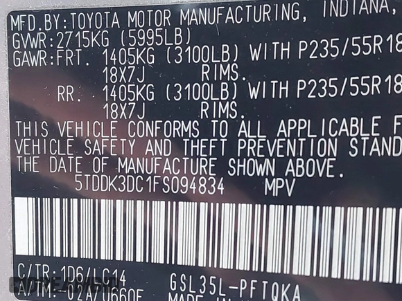2015 Toyota Sienna Ltd with VIN 5TDDK3DC1FS094834, listed as a IAAI auction lot 41344394 with 137,146 mi miles. Bid and sale history available at carsss.com. Image 9.