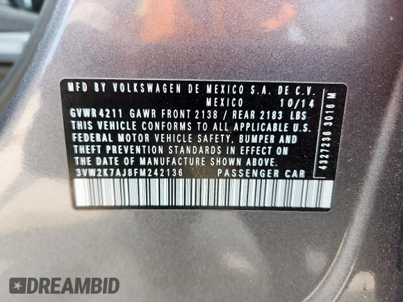 2015 Volkswagen Jetta S with VIN 3VW2K7AJ8FM242136, listed as a Copart auction lot 61063545 with Not provided miles and Salvage title. Bid and sale history available at DreamBid. Image 12.
