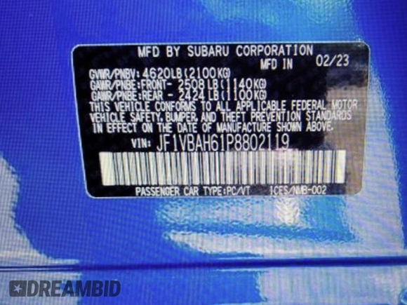 2023 Subaru WRX Premium with VIN JF1VBAH61P8802119, listed as a Copart auction lot 78333484 with 171 mi miles and Salvage title. Bid and sale history available at DreamBid. Image 10.