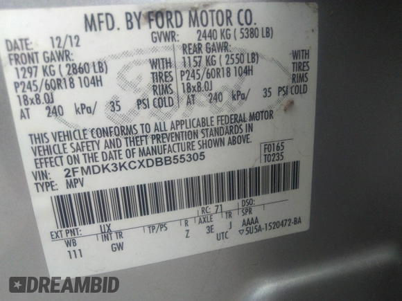 2013 Ford Edge Limited with VIN 2FMDK3KCXDBB55305, listed as a IAAI auction lot 41774439 with 165,420 mi miles and . Bid and sale history available at DreamBid. Image 9.