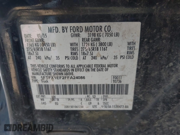 2015 Ford F-150 XLT with VIN 1FTFX1EF2FFA24086, listed as a IAAI auction lot 42555169 with 90,727 mi miles and . Bid and sale history available at DreamBid. Image 9.