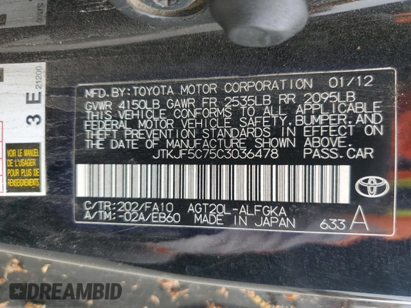 2012 Scion tC z VIN JTKJF5C75C3036478, wystawiony jako Copart lot #53190045 z przebiegiem 140 592 mil mil oraz Czysty tytuł • Clean title. Historia ofert i sprzedaży dostępna na DreamBid. Obrazek 12.