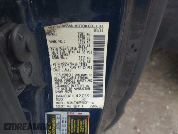 2011 Nissan Frontier SV с VIN 1N6AD0CW1BC427551, выставлен на аукционе IAAI как лот 42086307 с пробегом 159 696 миль миль и . История ставок и продаж доступна на DreamBid. Изображение 9.