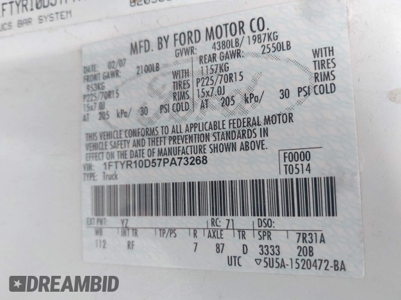 2007 Ford Ranger XL with VIN 1FTYR10D57PA73268, listed as a IAAI auction lot 42244083 with 180,329 mi miles and . Bid and sale history available at DreamBid. Image 9.