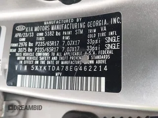 2014 Kia Sorento LX with VIN 5XYKTDA78EG462214, listed as a IAAI auction lot 41922799 with 147,872 mi miles. Bid and sale history available at carsss.com. Image 9.