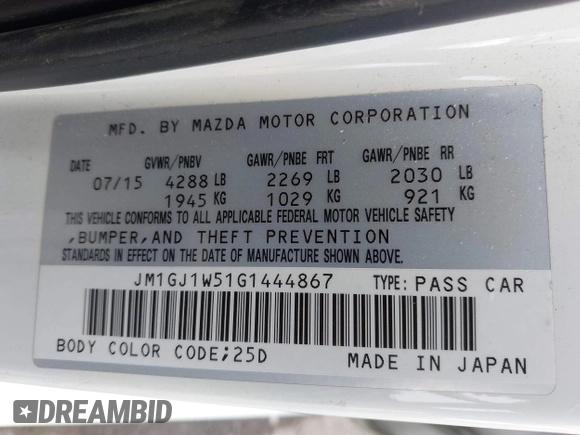 2016 Mazda Mazda6 i Grand Touring with VIN JM1GJ1W51G1444867, listed as a IAAI auction lot 41988597 with 86,844 mi miles. Bid and sale history available at carsss.com. Image 9.