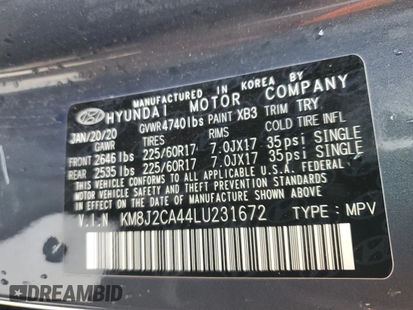 2020 Hyundai Tucson SE with VIN KM8J2CA44LU231672, listed as a Copart auction lot 66796424 with 77,525 mi miles and Salvage Title. Bid and sale history available at carsss.com. Image 12.